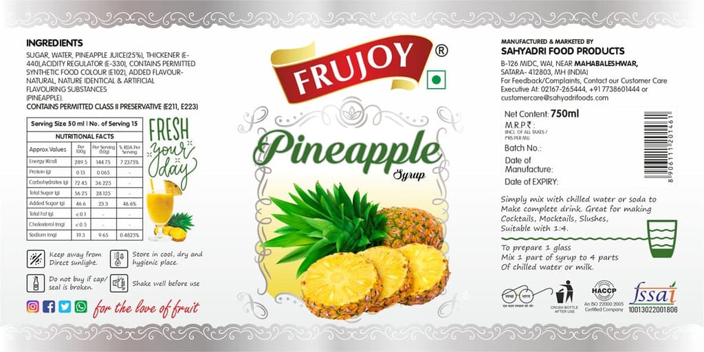 Frujoy Pineapple Syrup 750ml | For Fruit Mocktail | Cocktail | Milk Shake| Falooda | Baking Essentials