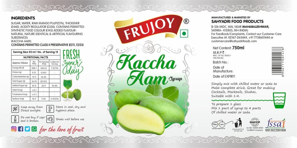 Frujoy Kaccha Aam Syrup 750ml | Raw Mango | For Fruit Mocktail | Cocktail | Falooda | Baking Essentials