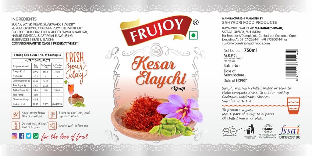 Frujoy Kesar Elaichi Syrup 750ml | For Fruit Mocktail | Cocktail | Gulab Sharbat | Falooda | RoseMilk | Baking Essentials