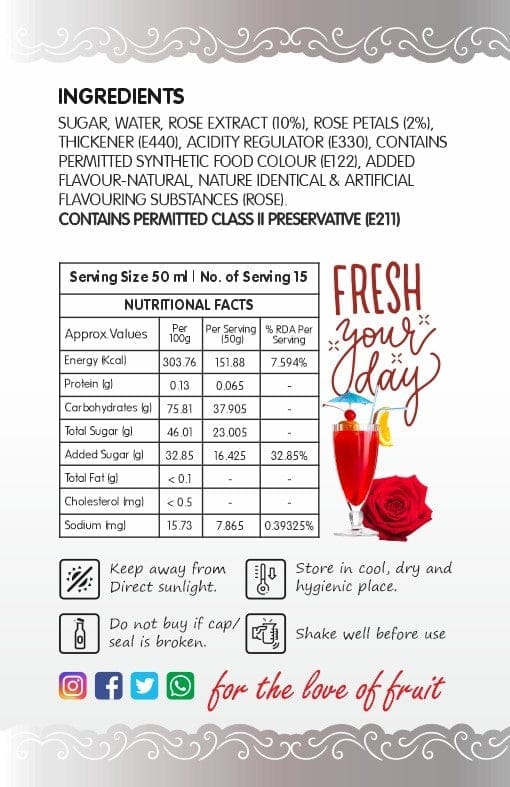 Frujoy Rose Syrup 750ml | For Fruit Mocktail | Cocktail | Gulab Sharbat | Falooda | Rose Milk | Baking Essentials