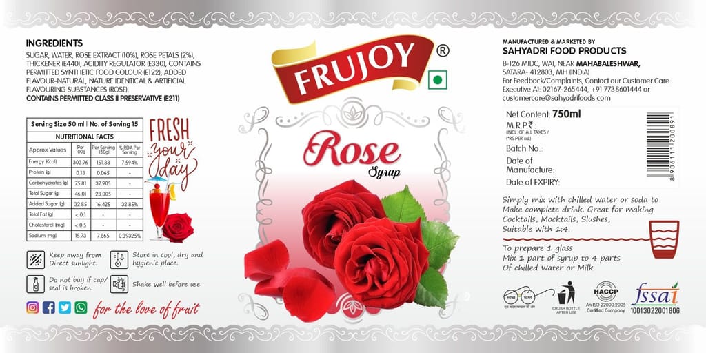 Frujoy Rose Syrup 750ml | For Fruit Mocktail | Cocktail | Gulab Sharbat | Falooda | Rose Milk | Baking Essentials