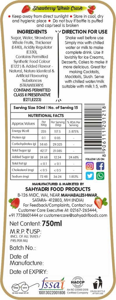 Frujoy Whole Strawberry Crush 750ml | High Fruit | For Fruit Mocktail | Cocktail | Milk Shake| Falooda | Baking Essentials