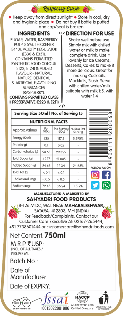 Frujoy Raspberry Crush 750ml | For Fruit Mocktail | Cocktail | Cake | Baking Essentials | Juices | Beverages