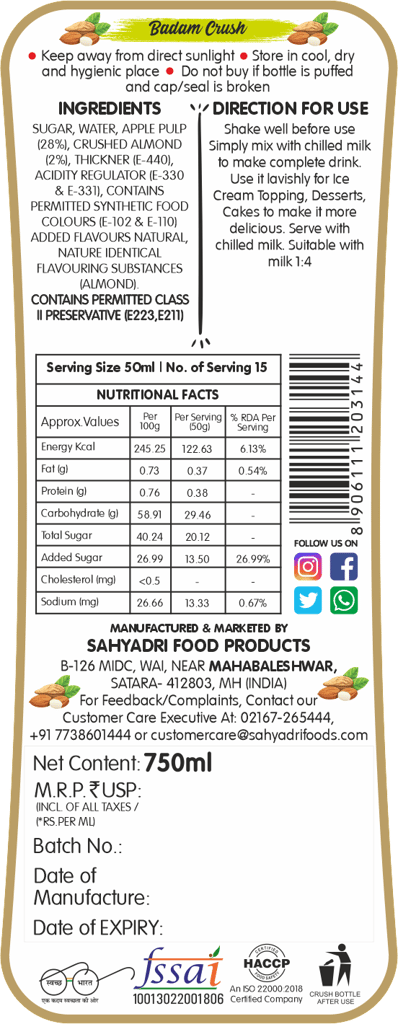 Frujoy Badam Crush 750ml | For Fruit Mocktail | Cocktail | Cake | Baking Essentials | Juices | Beverages