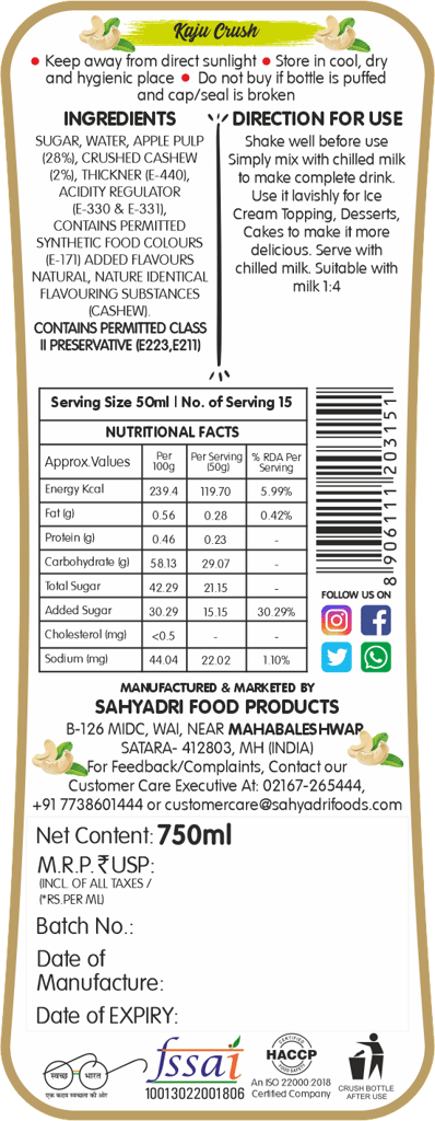 Frujoy Kaju Crush 750ml | For Fruit Mocktail | Cocktail | Cake | Baking Essentials | Juices | Beverages