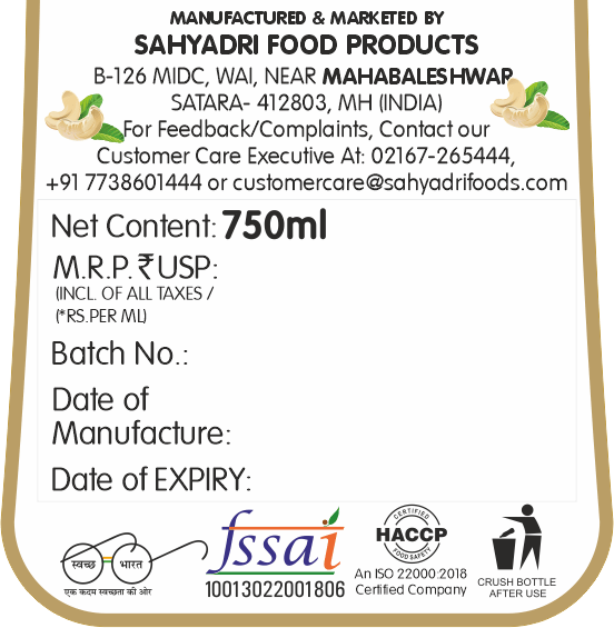 Frujoy Kaju Crush 750ml | For Fruit Mocktail | Cocktail | Cake | Baking Essentials | Juices | Beverages