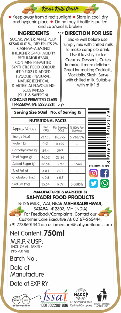 Frujoy Kesar Kulfi Crush 750ml | For Fruit Mocktail | Cocktail | Cake | Baking Essentials | Juices | Beverages