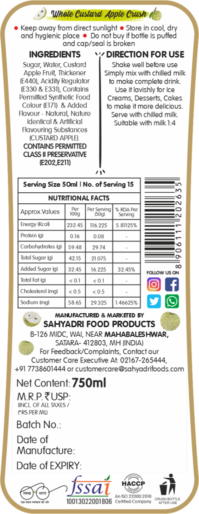 Frujoy Custard Apple Crush 750ml | For Fruit Mocktail | Cocktail | Cake | Baking Essentials | Juices | Beverages