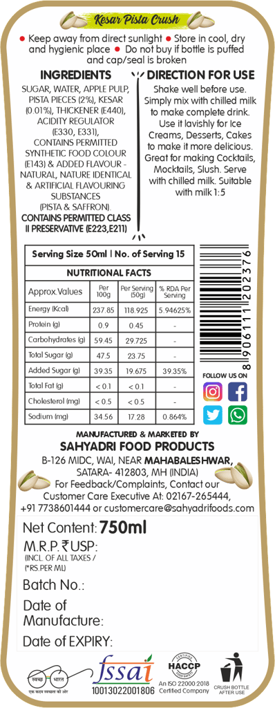 Frujoy Kesar Pista Crush 750ml | For Fruit Mocktail | Cocktail | Cake | Baking Essentials | Juices | Beverages