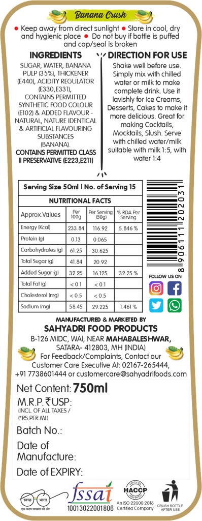 Frujoy Banana Crush 750ml | For Fruit Mocktail | Cocktail | Cake | Baking Essentials | Juices | Beverages