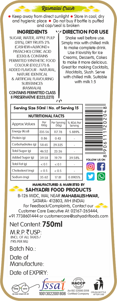 Frujoy Rasmalai Crush 750ml | For Fruit Mocktail | Cocktail | Cake | Baking Essentials | Juices | Beverages