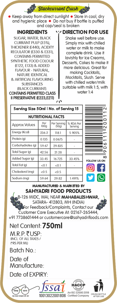 Frujoy Black Currant Crush 750ml | For Fruit Mocktail | Cocktail | Cake | Baking Essentials | Juices | Beverages