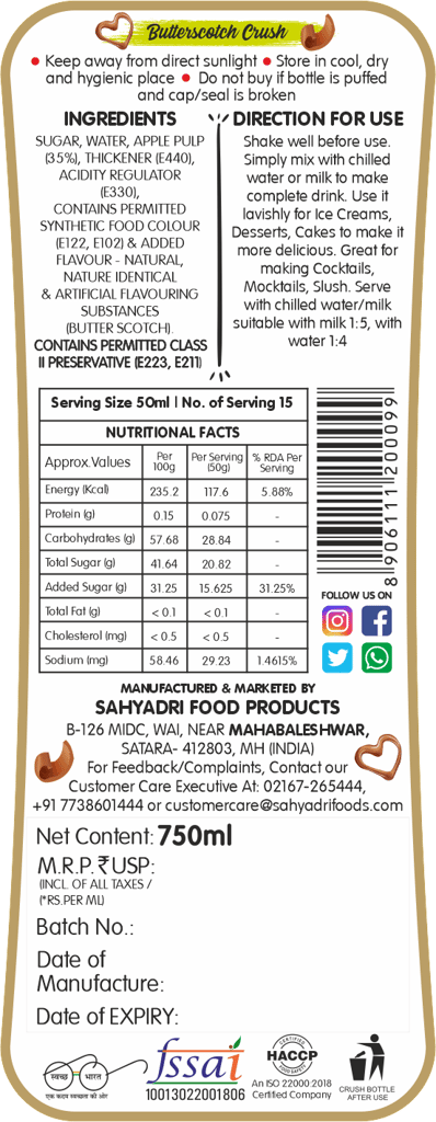 Frujoy Butter Scotch Crush 750ml | For Fruit Mocktail | Cocktail | Cake | Baking Essentials | Juices | Beverages