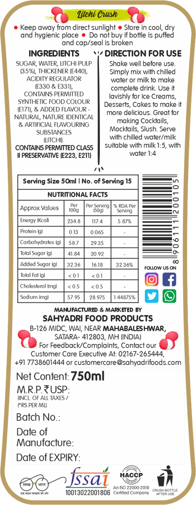Frujoy Litchi Crush 750ml | For Fruit Mocktail | Cocktail | Cake | Baking Essentials | Juices | Beverages