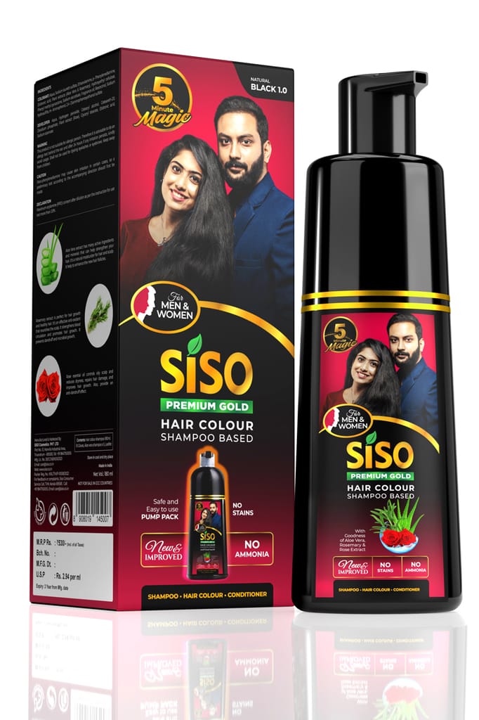 Siso Permanent Hair Color Shampoo Pump pack, Natural Black 180ml | No Skin Stain, No Ammonia, No Parabens