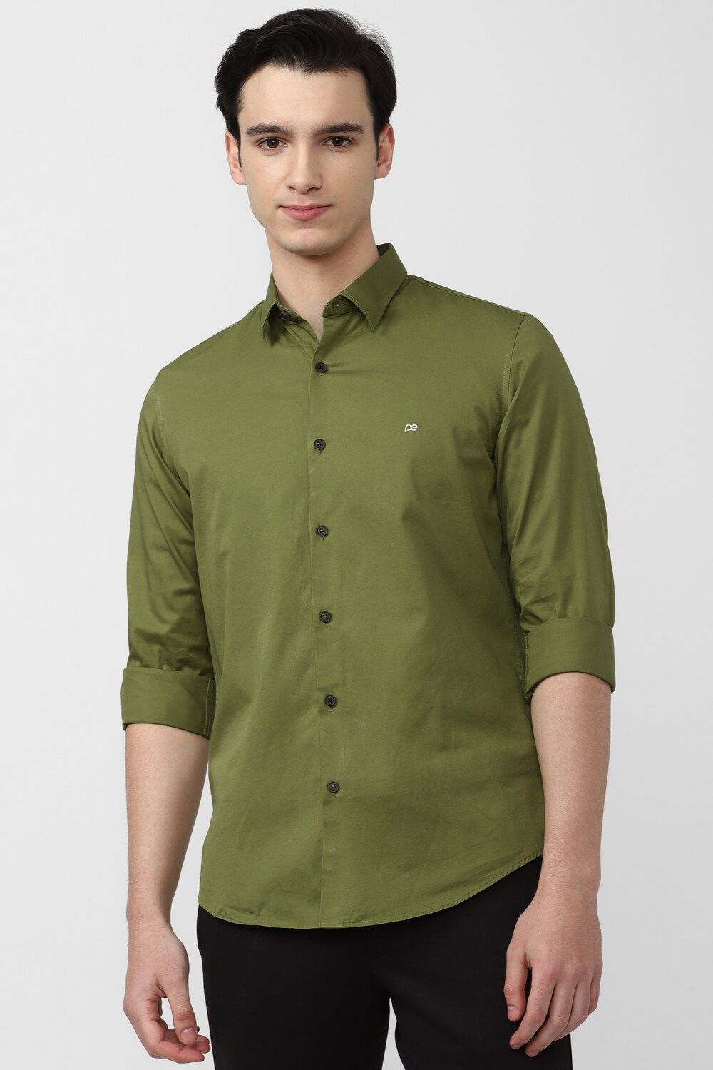 Men Olive Slim Fit Solid Full Sleeves Casual Shirt