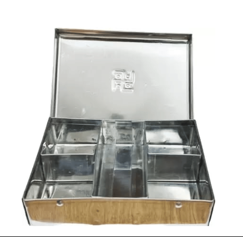 Arya Radha Rice and Kumkum Storage Box with 5 Compartments, Stainless Steel, For Daily Rituals