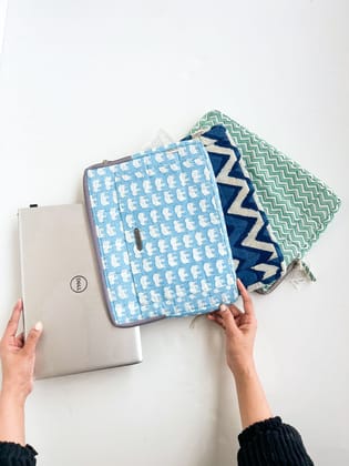 Sustainable Handmade Cotton Laptop Sleeve/Laptop Cover by Ekatra - Green chevron