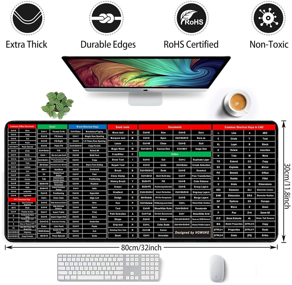 YOGDOTS Anti-Slip Keyboard Pad with Office Software Shortcuts Pattern, Clear Extended Large Cheat Sheet Mouse Pad, Large Rubber Base Mice Smooth Cloth Desk Mat, Excel Shortcut Keys Mouse Pad (80x30cm)