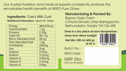 BRISTI A2 Desi Cow Ghee 400ml - Pure, Handmade, Rich Taste & Aroma