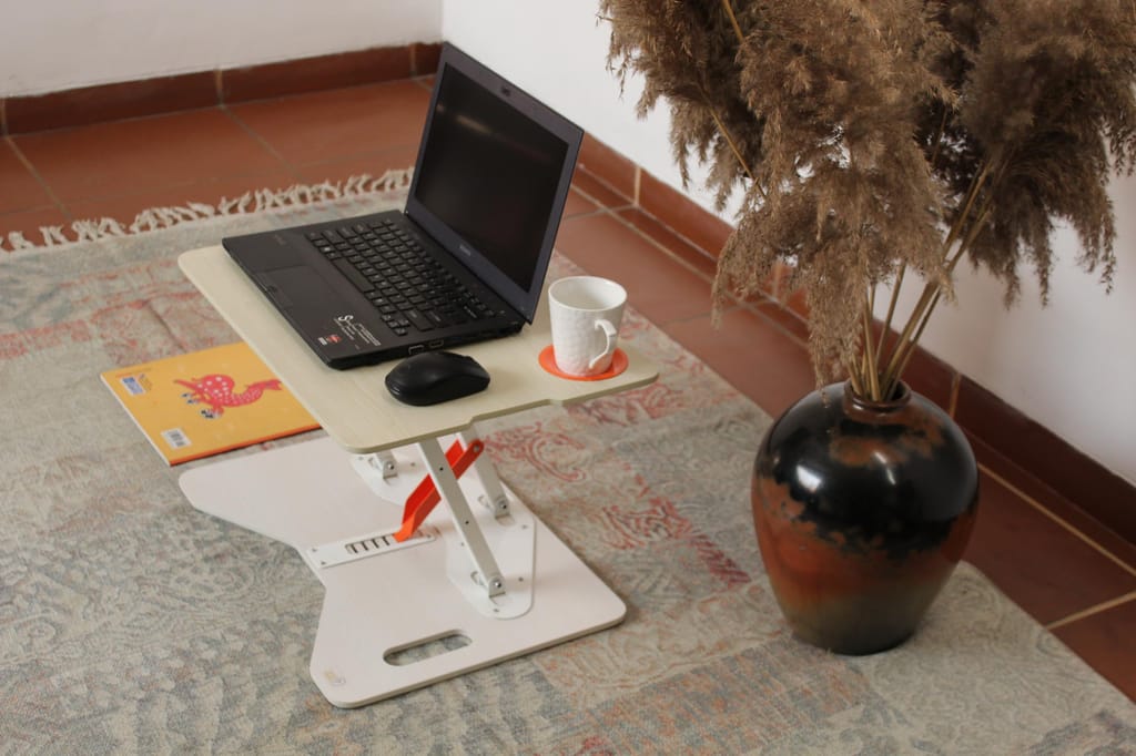 Opus Indigo Mudra Tablet Compact Multipurpose Laptop Table for Children and Floor Work Foldable & Portable with Adjustable Height Sit & Stand Desk Converter Engineered Wood Table Top - Pine Colour