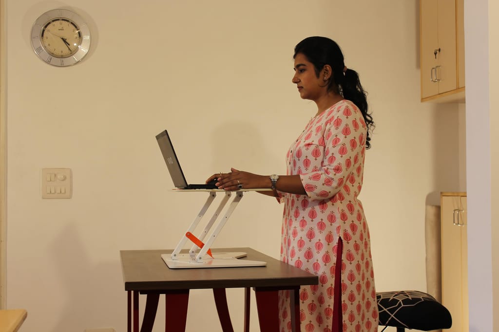 Opus Indigo Mudra Tablet Grand Laptop Table with Cup Holder for Work from Home Foldable and Portable with Adjustable Height Sit and Stand Desk Converter Engineered Wood Table Top - Pine Color