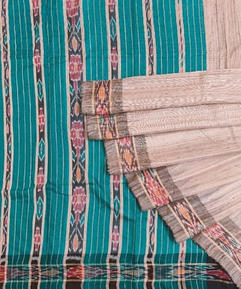 Beige Green Sambalpuri Handwoven Ikat Border Tussar Silk Saree
