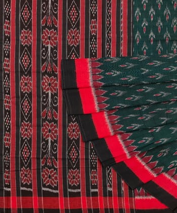 Green Red Nuapatna Handwoven Single Ikat Cotton Saree SFCSAR0499