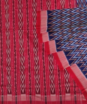 Blue Red Sambalpuri Handwoven Single Ikat Cotton Saree