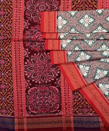 Gray Red Sambalpuri Handwoven Single Ikat Cotton Saree