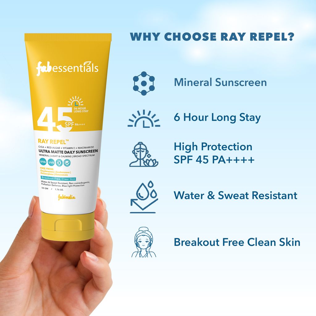 Fabessentials Ultra Matte Daily Sunscreen SPF 45 PA++++ -50 gm | High UVA/UVB Protection | Vitamin E and Niacinamide | Broad-Spectrum Protection | Skin Calming | Non-Greasy Formula| For All Skin Type | 6 Hrs. Sun Protection | Water & Sweat Resistant