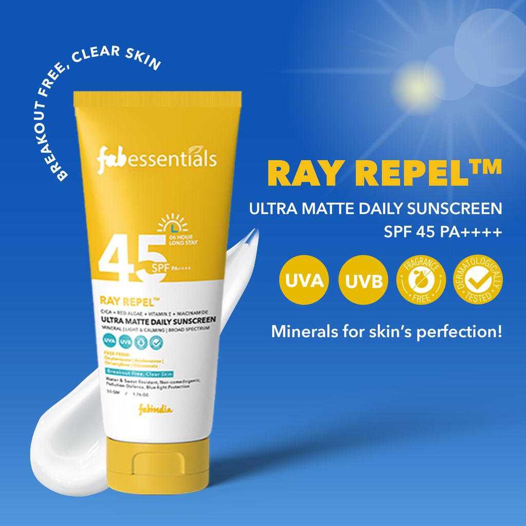 Fabessentials Ultra Matte Daily Sunscreen SPF 45 PA++++ -50 gm | High UVA/UVB Protection | Vitamin E and Niacinamide | Broad-Spectrum Protection | Skin Calming | Non-Greasy Formula| For All Skin Type | 6 Hrs. Sun Protection | Water & Sweat Resistant