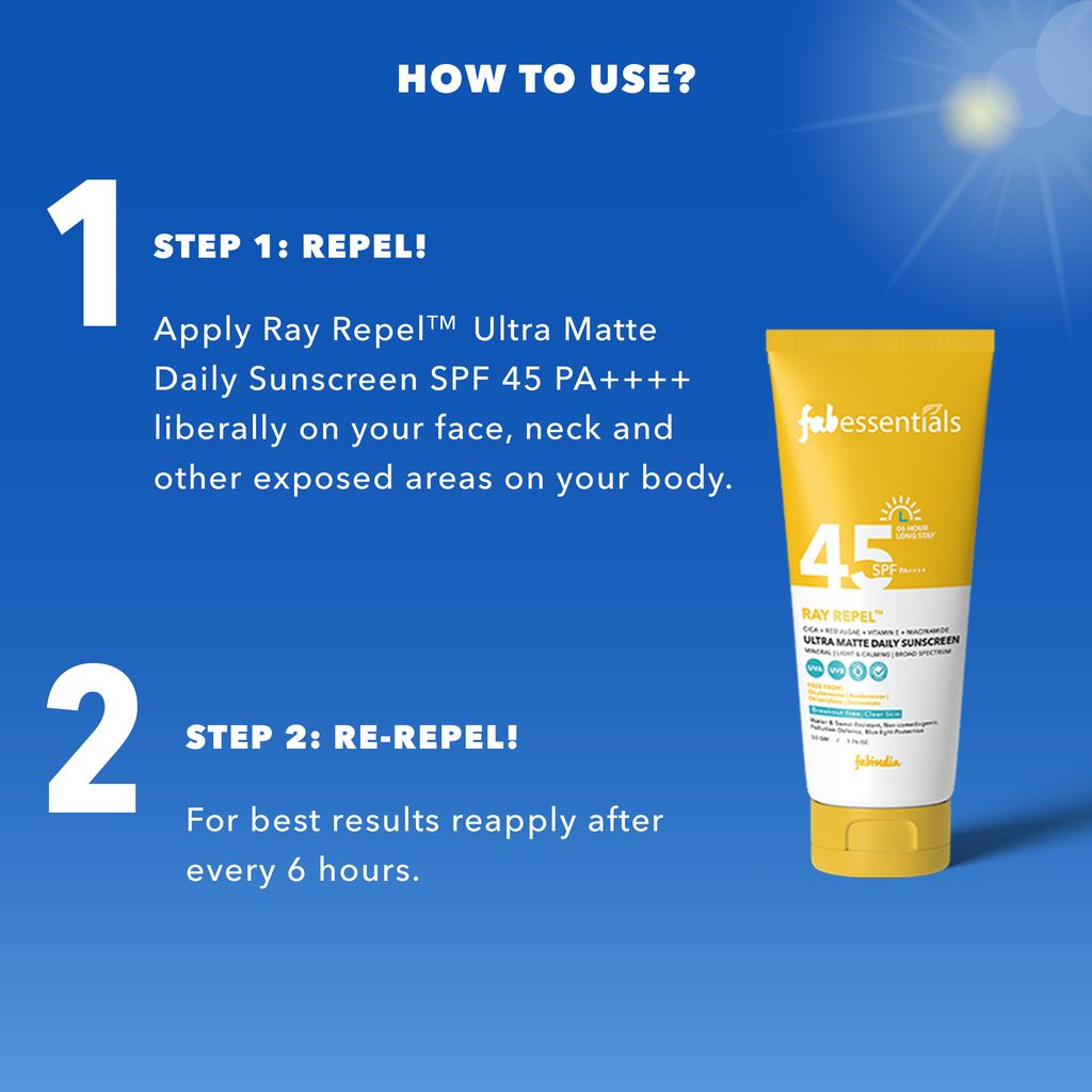 Fabessentials Ultra Matte Daily Sunscreen SPF 45 PA++++ -50 gm | High UVA/UVB Protection | Vitamin E and Niacinamide | Broad-Spectrum Protection | Skin Calming | Non-Greasy Formula| For All Skin Type | 6 Hrs. Sun Protection | Water & Sweat Resistant