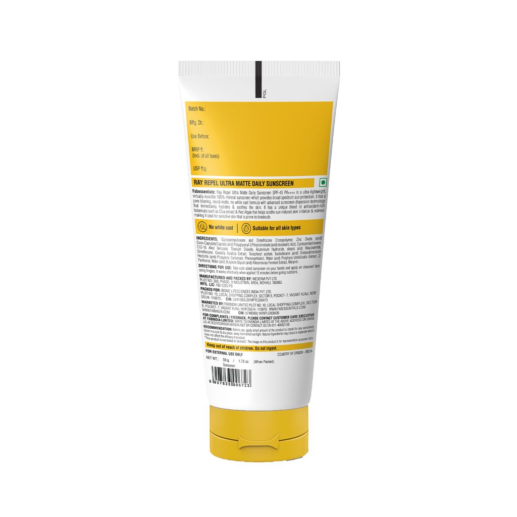 Fabessentials Ultra Matte Daily Sunscreen SPF 45 PA++++ -50 gm | High UVA/UVB Protection | Vitamin E and Niacinamide | Broad-Spectrum Protection | Skin Calming | Non-Greasy Formula| For All Skin Type | 6 Hrs. Sun Protection | Water & Sweat Resistant