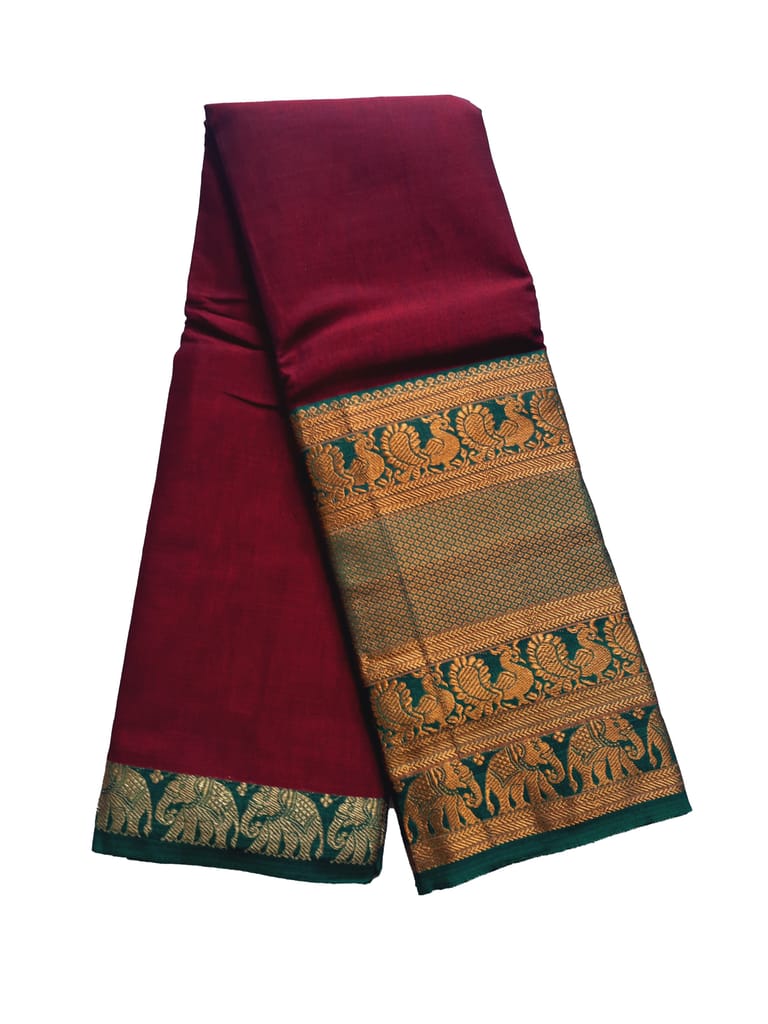Narayanpet Maroon and Green border handloom Mercerised soft cotton saree with blouse piece. - Sarees | Buy online on ZillyBuy
