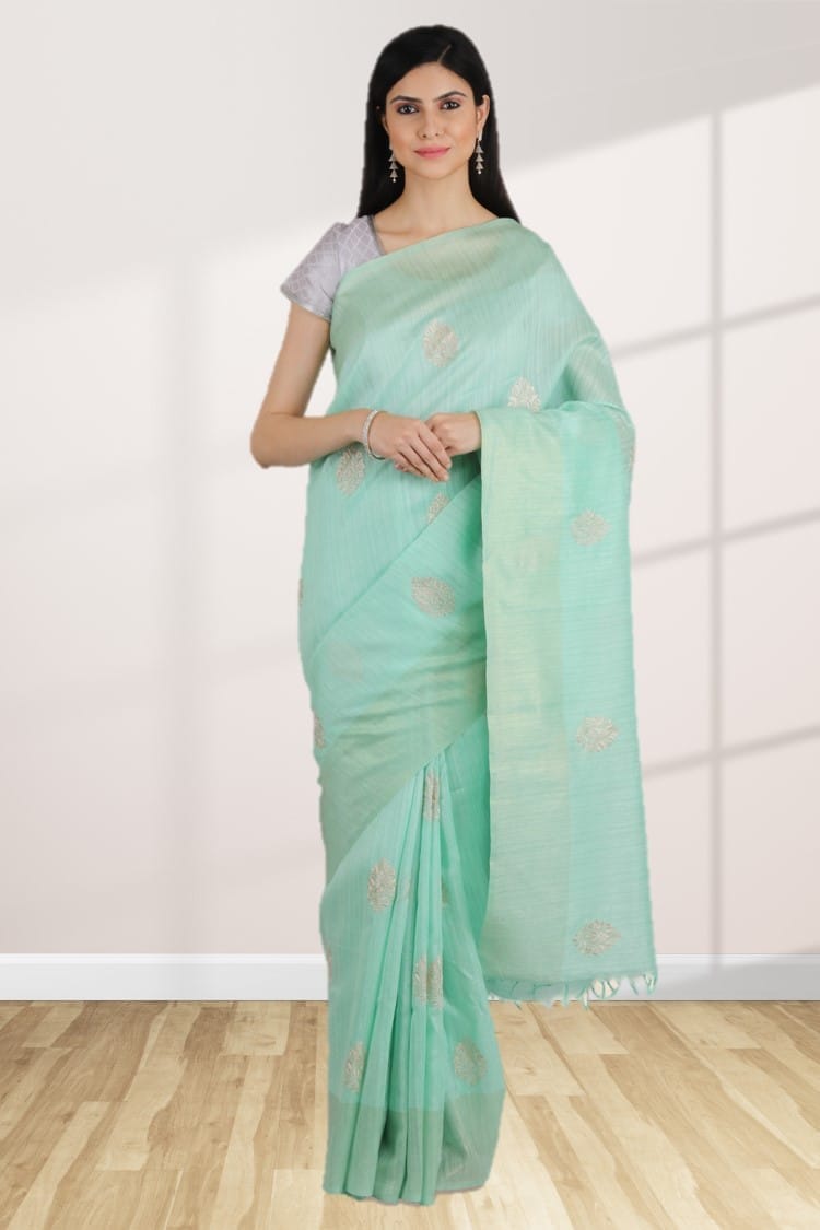 Sea Green Tussar Silk Saree