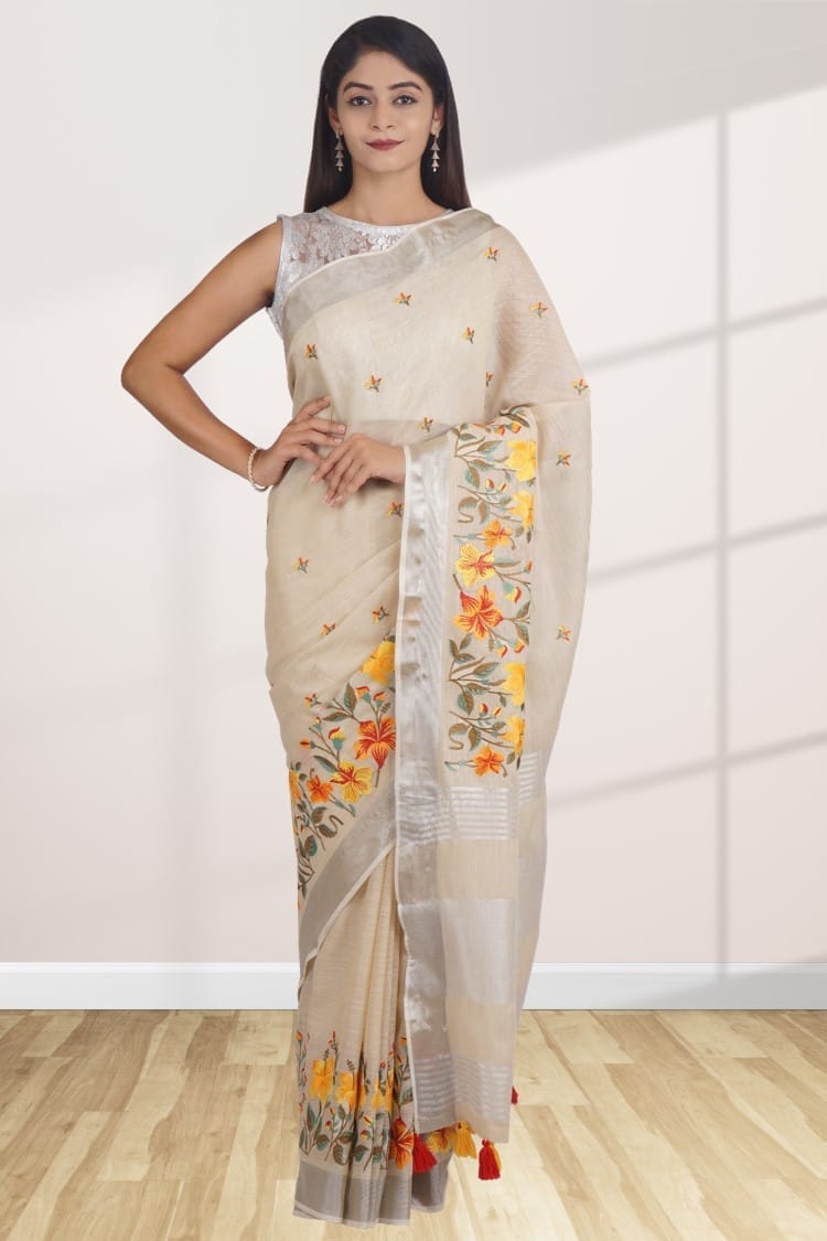 Cream Linen Saree With Modish Work