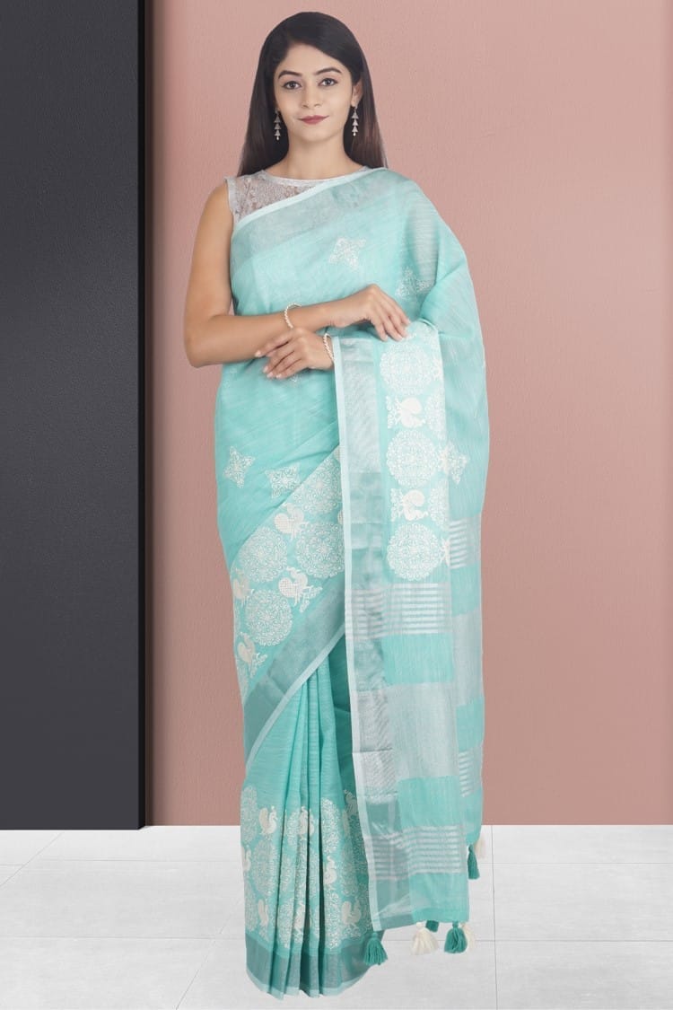 Sea Green Linen Saree With Modish Work
