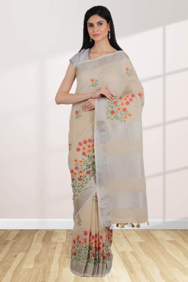 Cream Linen Saree With Modish Work