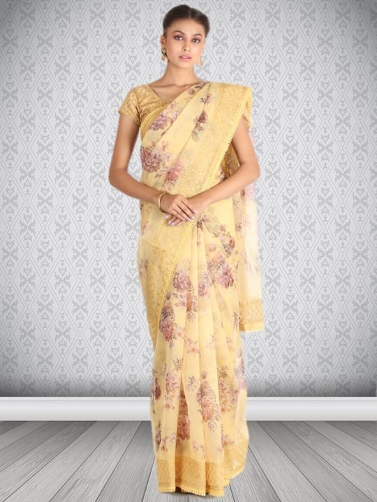 Yellow Organza Floral Saree