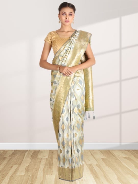 Beige Taffeta Silk Saree