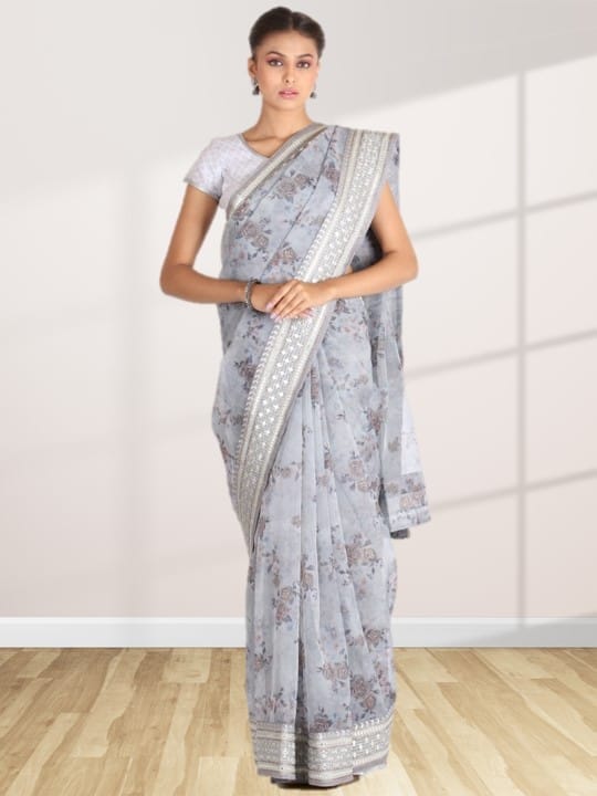 Grey Organza Floral Saree