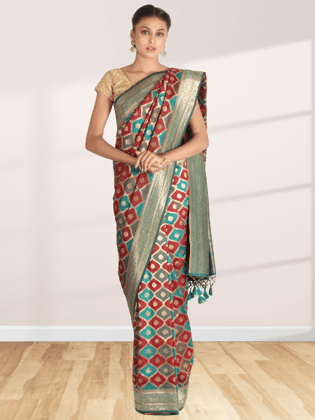 Red and Teal Tafetta Silk Saree