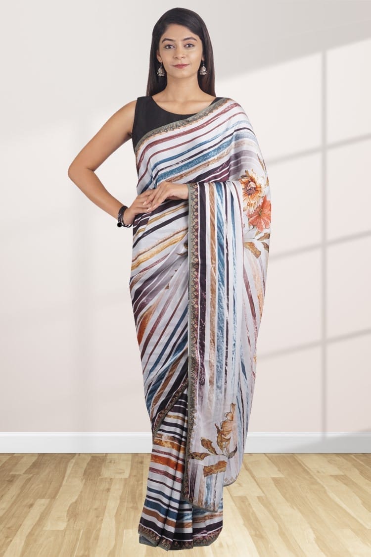 White Italian Crepe Printed Saree