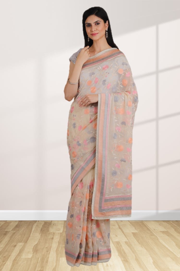 Off-White Pure Georgette Embroidered Saree