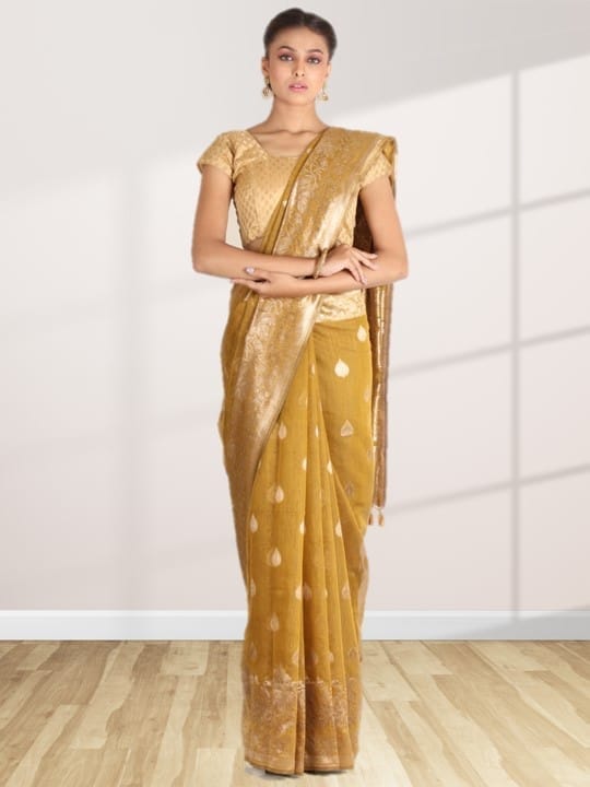 Mustard Linen Saree With Foil Print