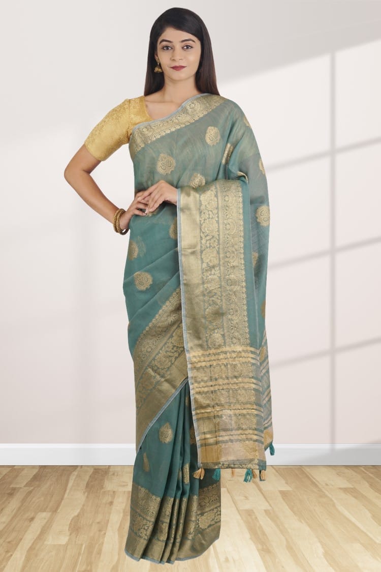 Green Linen Saree With Foil Print
