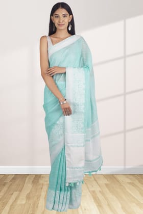 Sea Green Linen Saree With Woven Design
