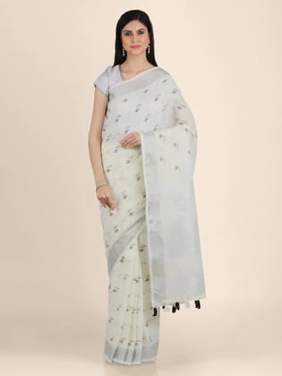 Graceful Off-White Linen Saree With Modish Print