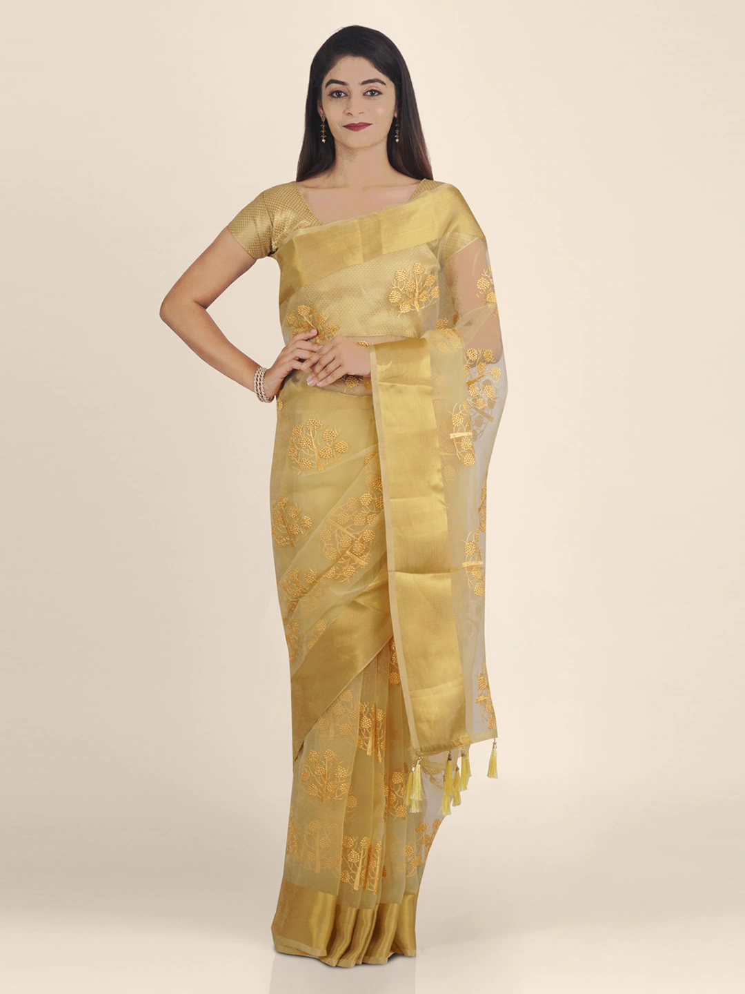 Alluring Golden Organza Saree
